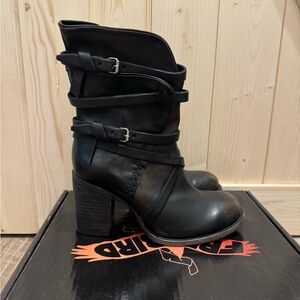 Freebird Black Heeled Boots with Chunky Sole and Multiple Straps